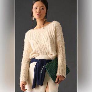 Anthropologie | Eyelash Cable-Knit Fuzzy Cream Colorblock Sweater, Size X-Large